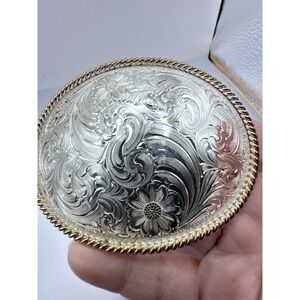Cowboy Cowgirl Ornate Roped Edge Silver Plate Montana Silversmiths Belt Buckle